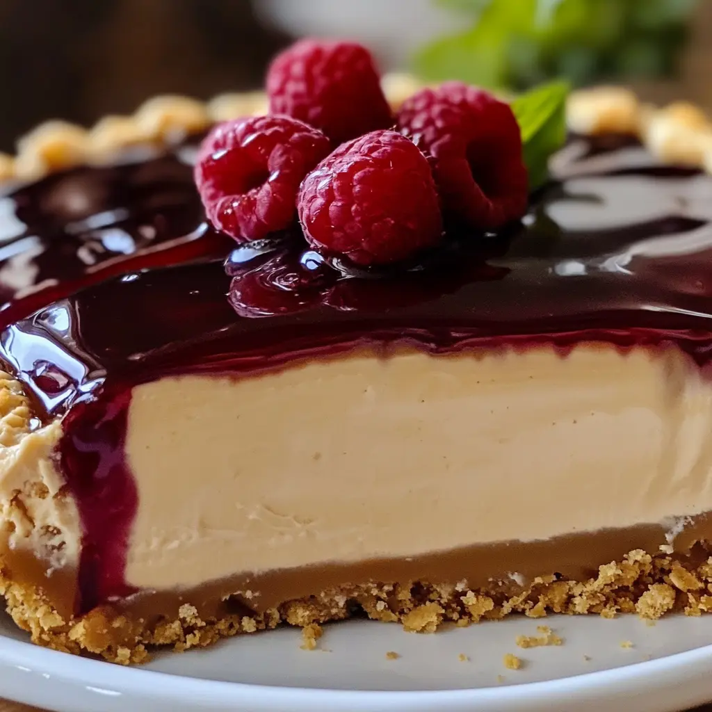 Peanut butter and jelly cheesecake with strawberry topping on a white plate