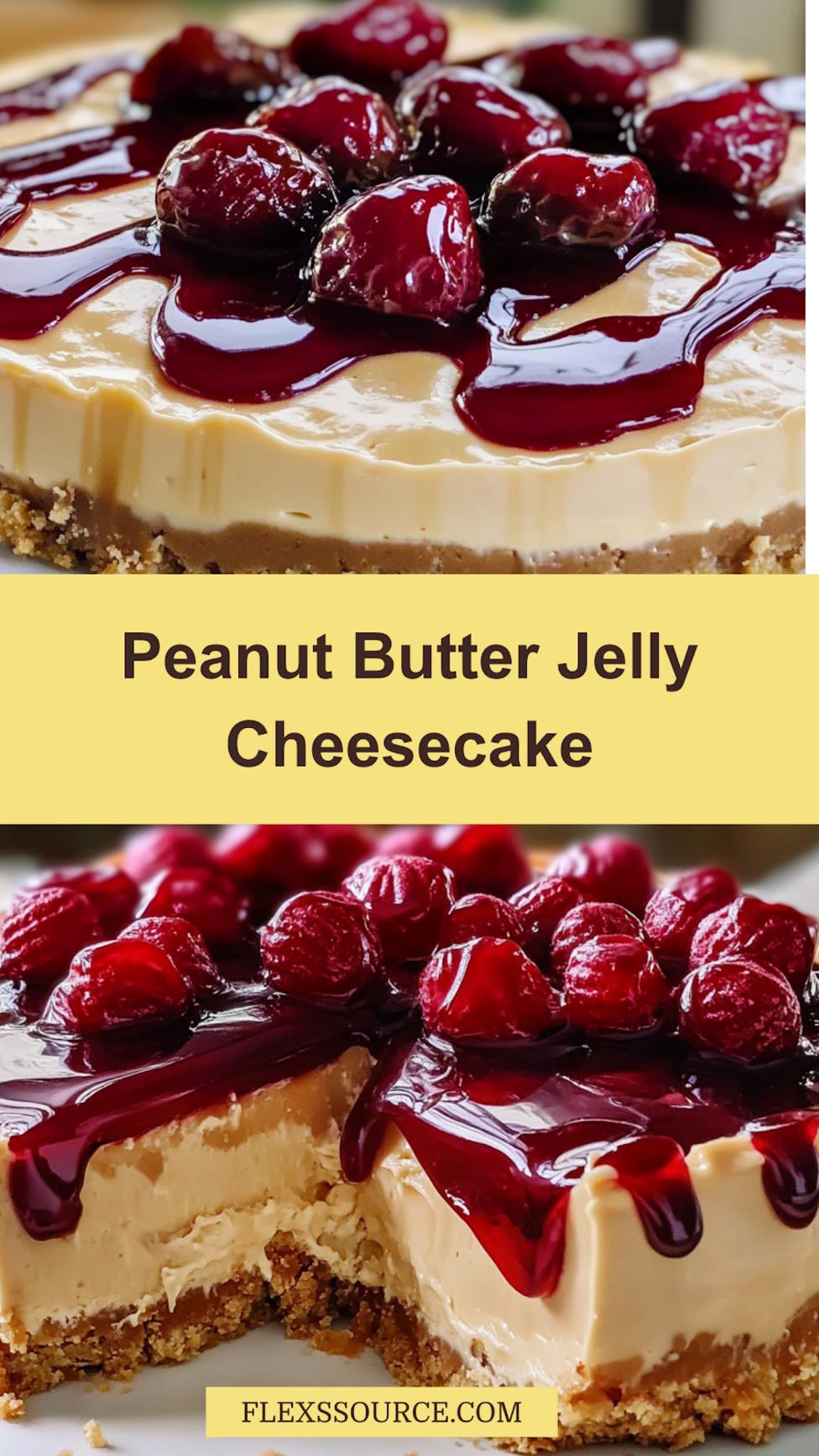 Peanut butter and jelly cheesecake Pinterest pin with text overlay