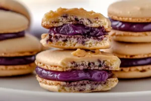 PEANUT BUTTER AND JELLY MACARONS centered hero view, clean and uncluttered