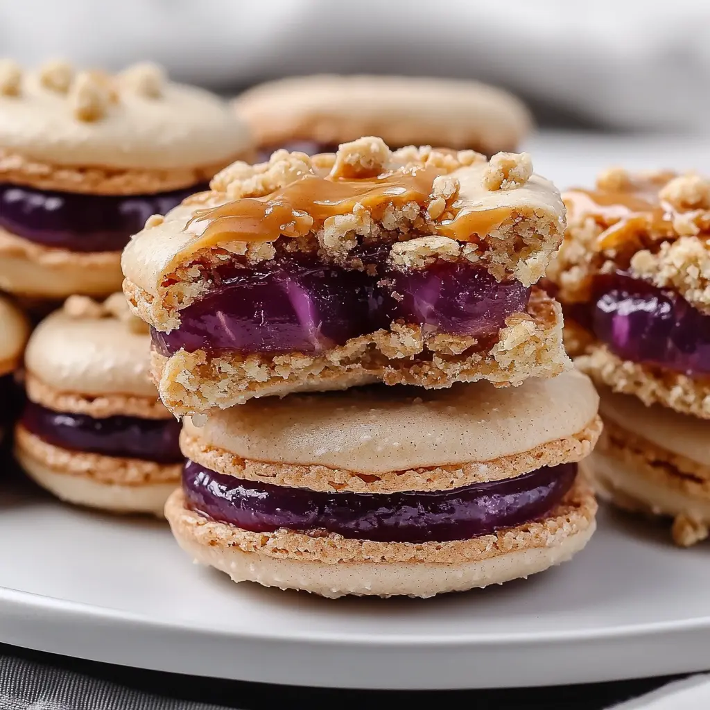 PEANUT BUTTER AND JELLY MACARONS centered hero view, clean and uncluttered