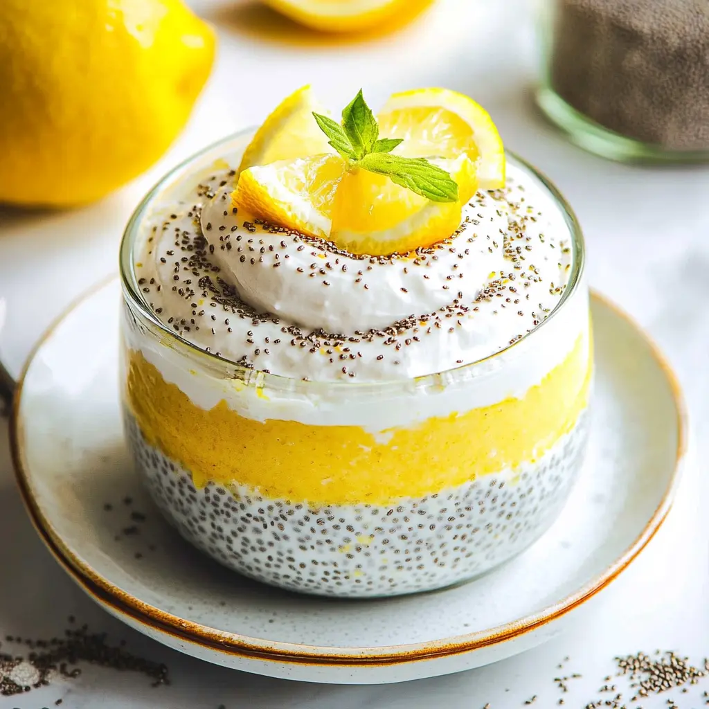 Easy Protein Lemon Cream Pie Chia Seed Pudding Recipe 3 PROTEIN LEMON CREAM PIE CHIA SEED PUDDING centered hero view, clean and uncluttered