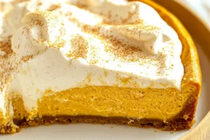 Best Pumpkin Cheesecake with Maple Whipped Cream Recipe PUMPKIN CHEESECAKE WITH MAPLE WHIPPED CREAM centered hero view, clean and uncluttered