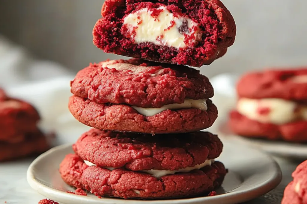 RED VELVET CHEESECAKE STUFFED COOKIES centered hero view, clean and uncluttered