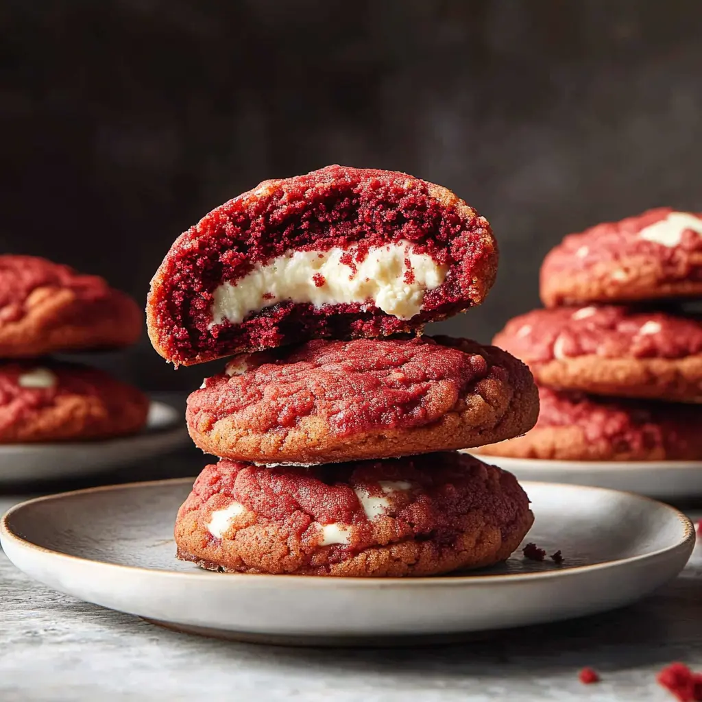 RED VELVET CHEESECAKE STUFFED COOKIES centered hero view, clean and uncluttered