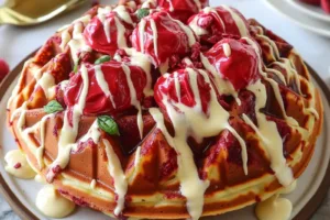 Red Velvet Marble Waffles Recipe Easy and Delicious RED VELVET MARBLE WAFFLES centered hero view, clean and uncluttered
