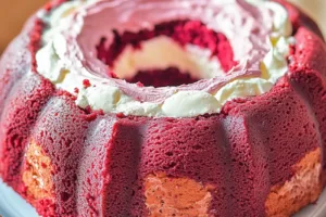 Red Velvet Pound Cake With Cream Cheese Filling Recipe RED VELVET POUND CAKE WITH CREAM CHEESE FILLING centered hero view, clean and uncluttered