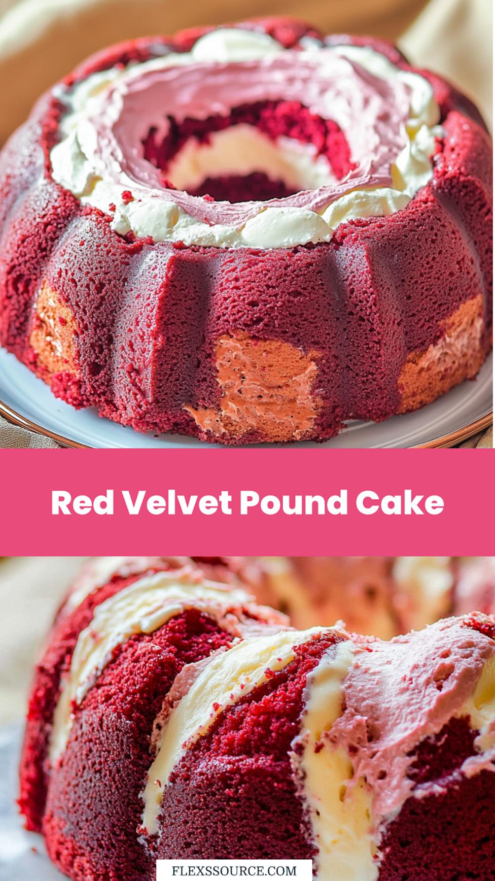 Red Velvet Pound Cake With Cream Cheese Filling Recipe 4 RED VELVET POUND CAKE WITH CREAM CHEESE FILLING centered hero view, clean and uncluttered_pin