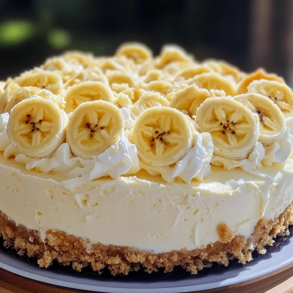 Banana Cream Cheesecake Recipe Easy Irresistible Homemade 2 BANANA CREAM CHEESECAKE centered hero view, clean and uncluttered