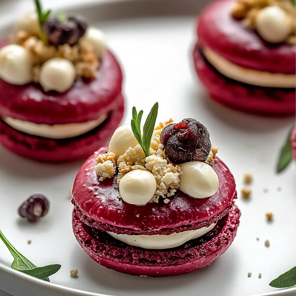 BEET MACARONS WITH GOAT CHEESE centered hero view, clean and uncluttered