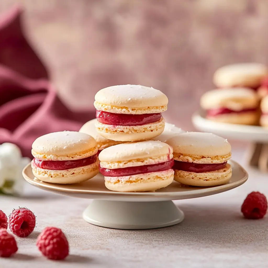 BEST RASPBERRY MACARONS RECIPE centered hero view, clean and uncluttered
