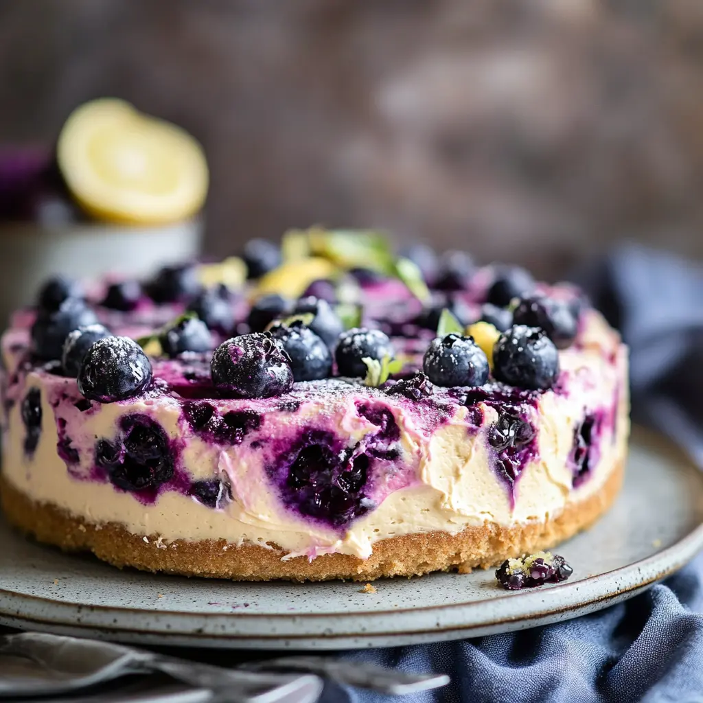 BLUEBERRY LEMON POPPY SEED CUSTARD CAKE centered hero view, clean and uncluttered