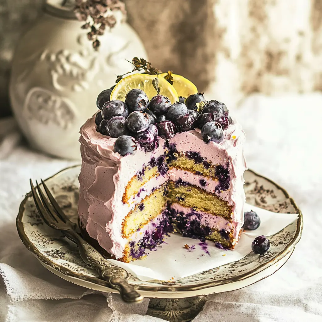BURSTING BLUEBERRY LEMON LAYER CAKE centered hero view, clean and uncluttered