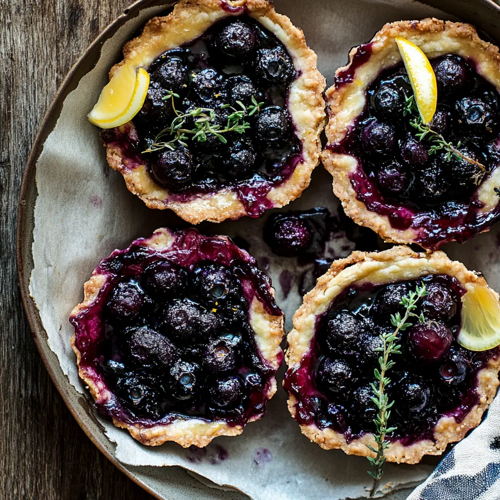 BURSTING BLUEBERRY LEMON THYME TARTS centered hero view, clean and uncluttered