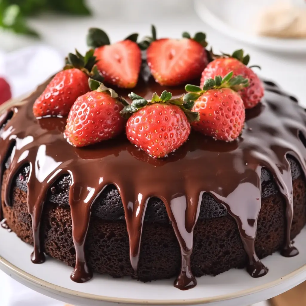 CHOCOLATE CAKE WITH CHOCOLATE STRAWBERRIES centered hero view, clean and uncluttered