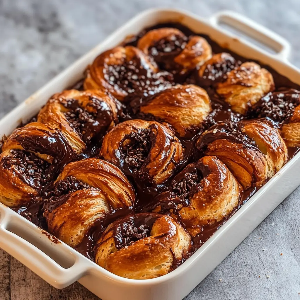 Chocolate Croissant Breakfast Bake Recipe Easy and Delicious 2 CHOCOLATE CROISSANT BREAKFAST BAKE centered hero view, clean and uncluttered