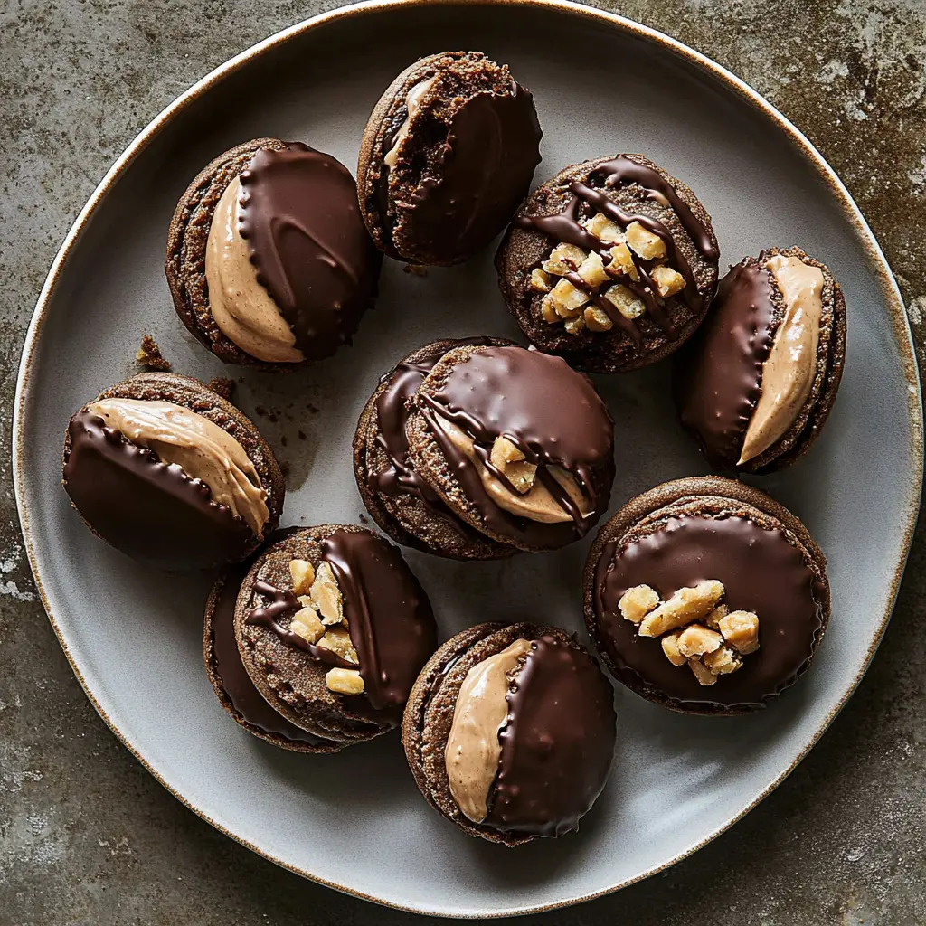 CHOCOLATE PEANUT BUTTER MACARONS centered hero view, clean and uncluttered