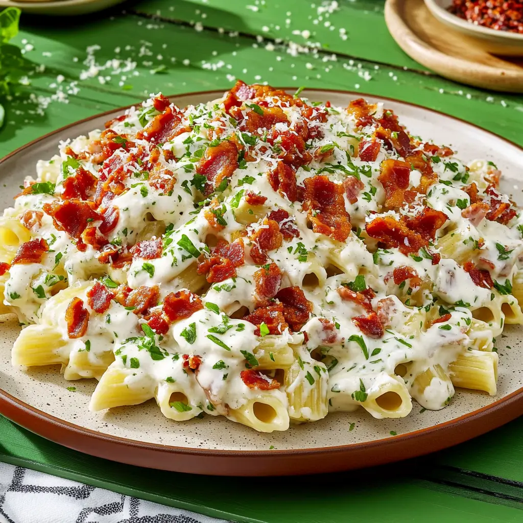 CREAMY BACON RANCH PASTA SALAD centered hero view, clean and uncluttered