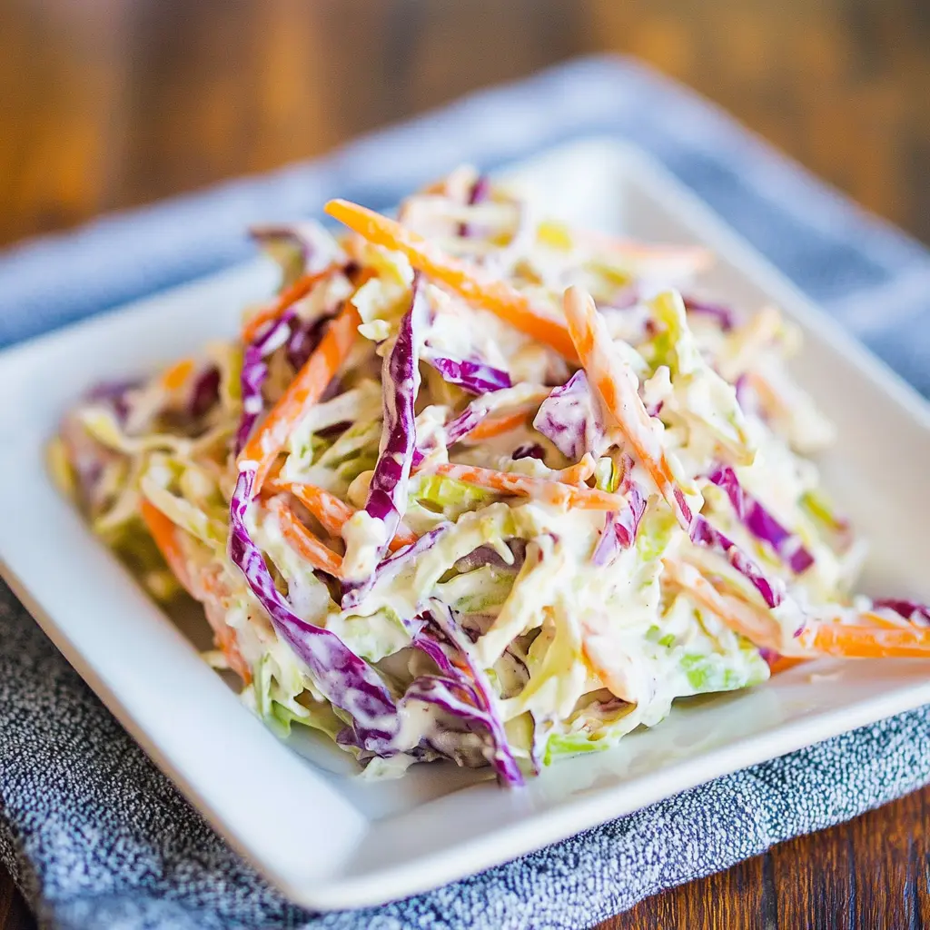 CREAMY GREEK YOGURT COLESLAW centered hero view, clean and uncluttered