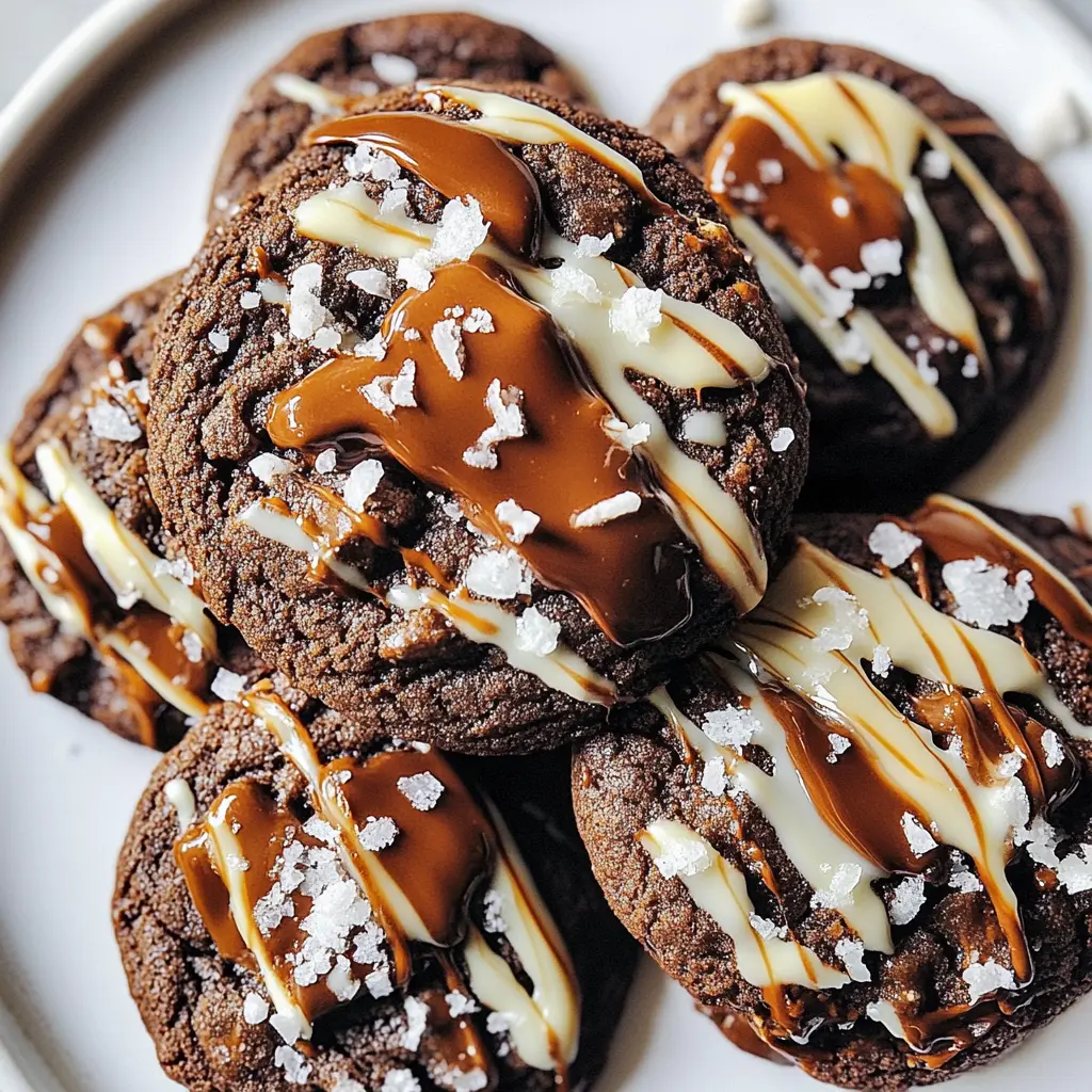 DOUBLE CHOCOLATE SALTED CARAMEL COOKIES centered hero view, clean and uncluttered