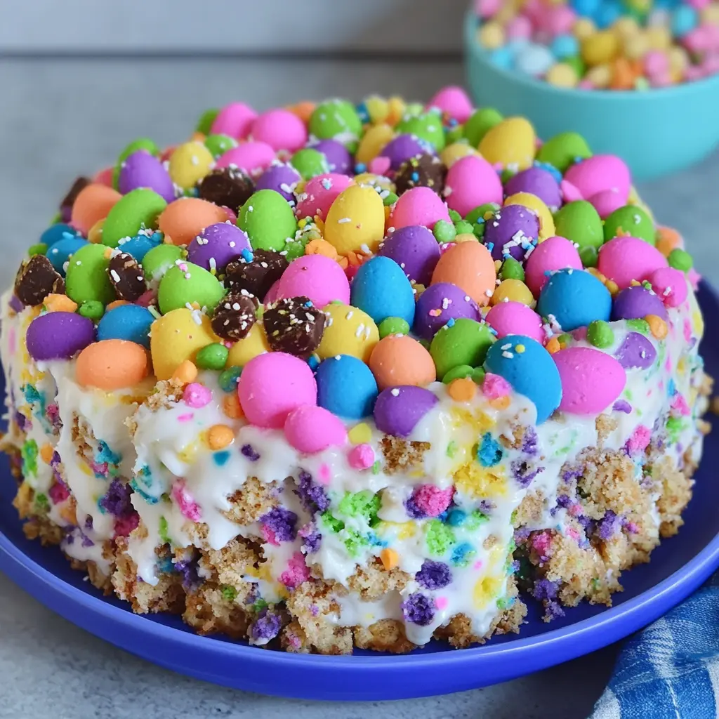 EASTER POKE CAKE WITH CHEESECAKE PUDDING centered hero view, clean and uncluttered