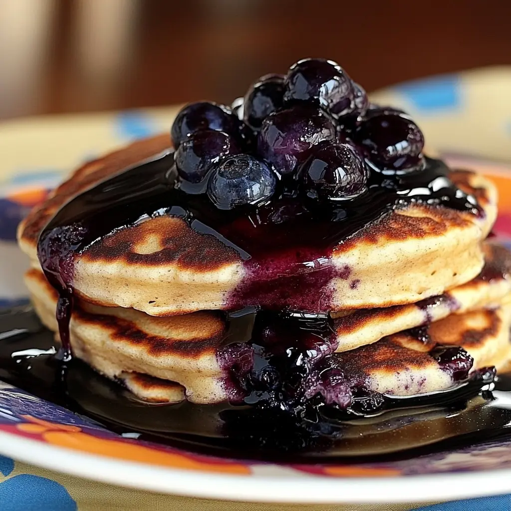 GLUTEN FREE PANCAKES WITH BLUEBERRY SYRUP centered hero view, clean and uncluttered