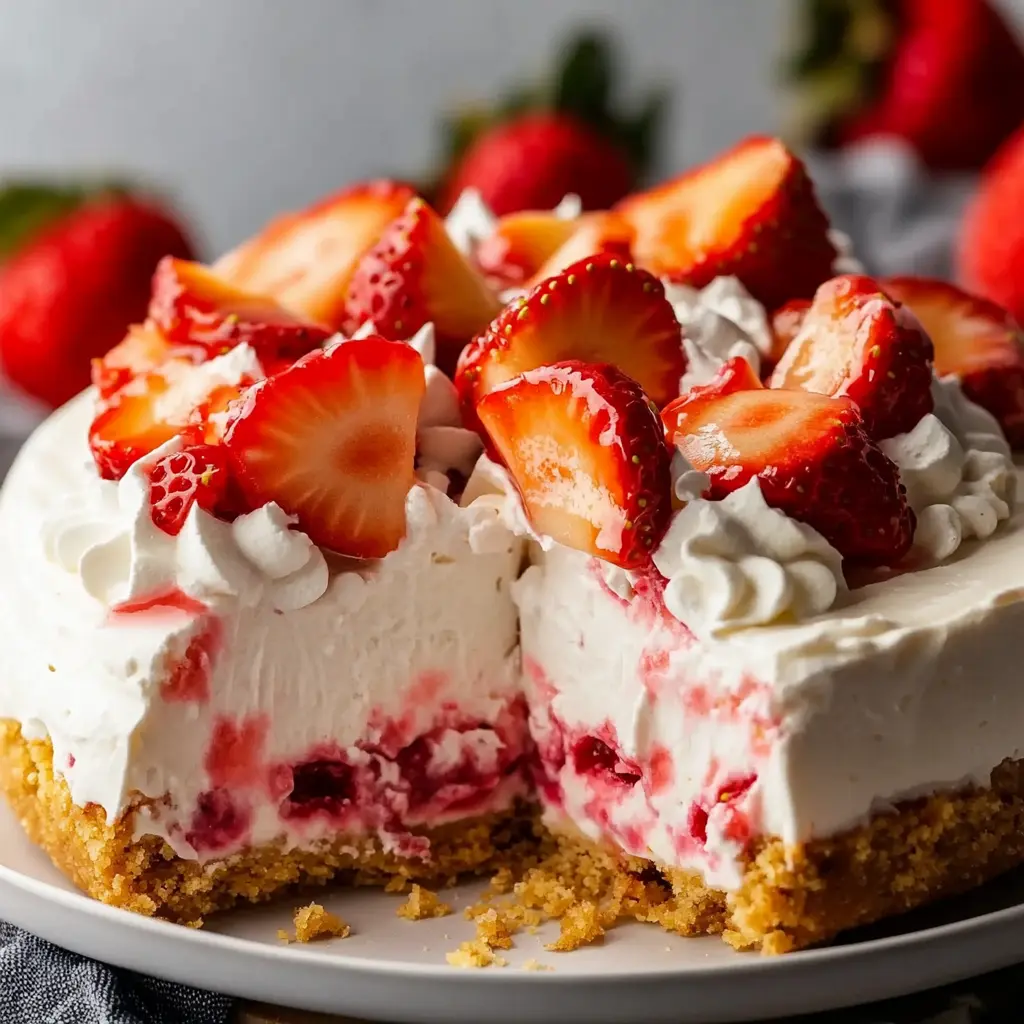 NO BAKE STRAWBERRY CHEESECAKE centered hero view, clean and uncluttered