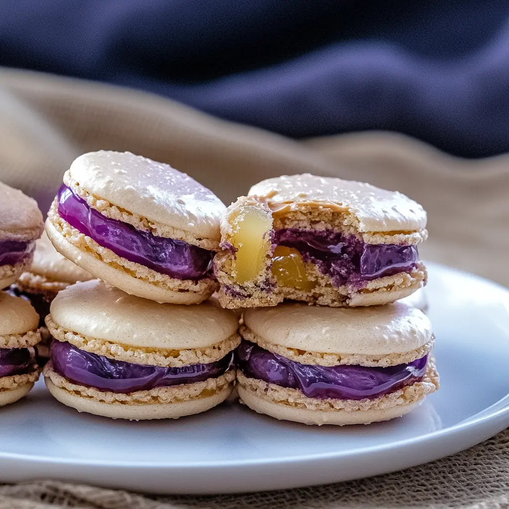 PEANUT BUTTER AND JELLY MACARONS centered hero view, clean and uncluttered