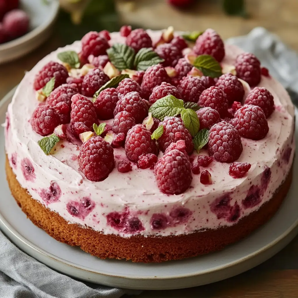 RASPBERRY ANGEL FOOD CAKE centered hero view, clean and uncluttered