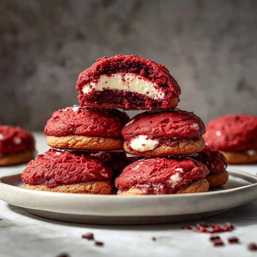 RED VELVET CHEESECAKE STUFFED COOKIES centered hero view, clean and uncluttered