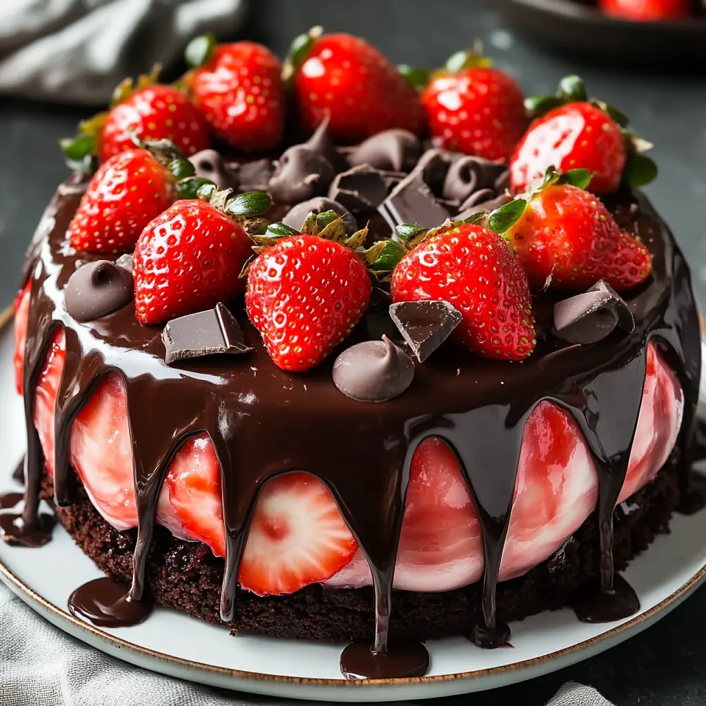 STRAWBERRY CHOCOLATE SHELL CAKE centered hero view, clean and uncluttered