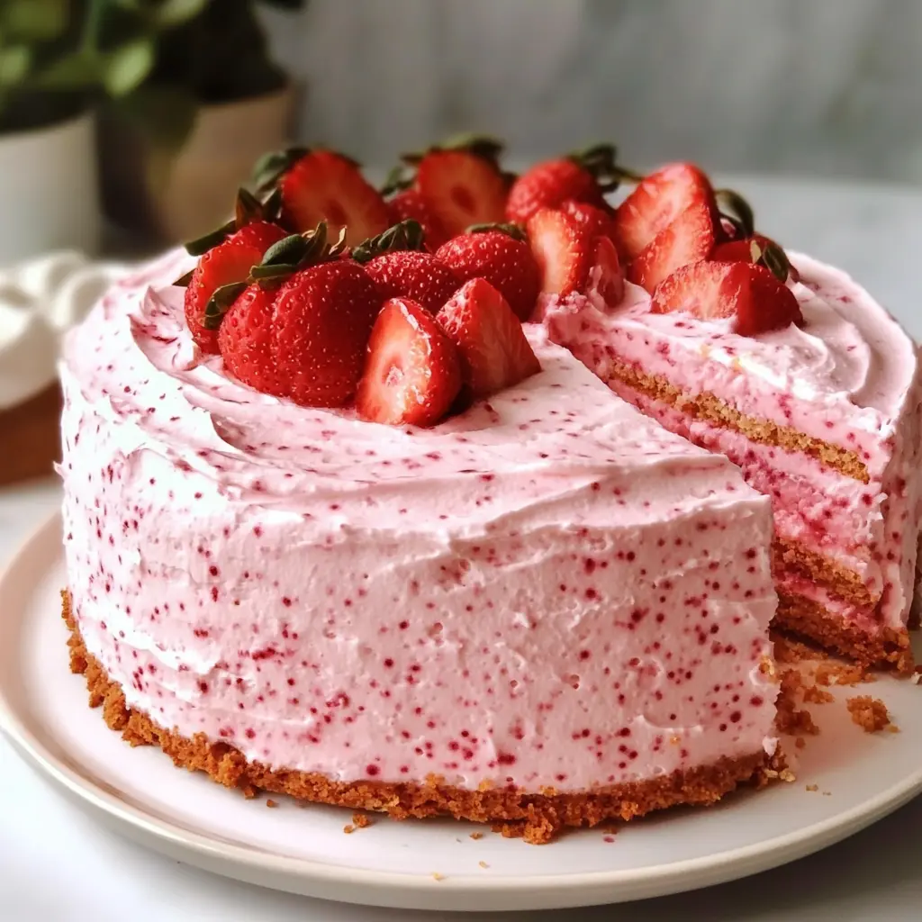 STRAWBERRY CREAM CHEESE CAKE centered hero view, clean and uncluttered