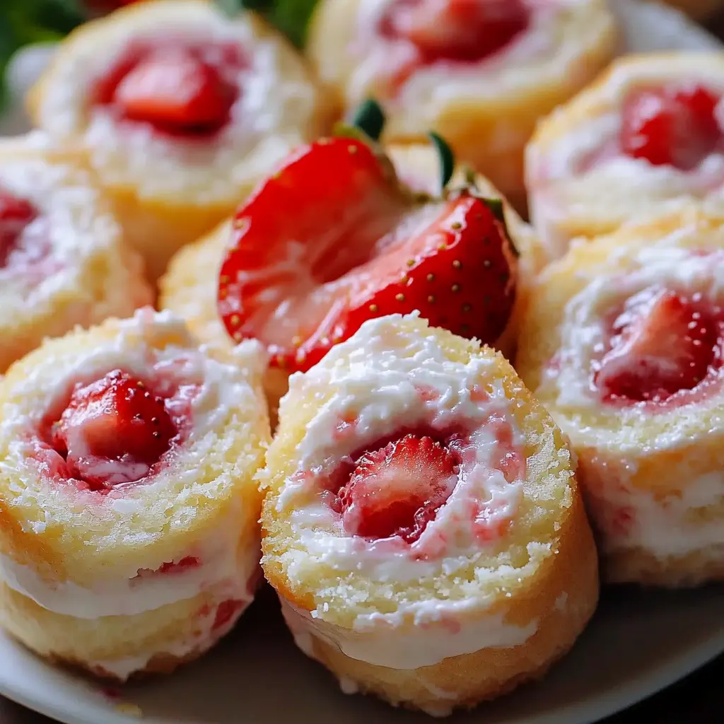 Sweet Strawberry Shortcake Cheesecake Rolls Recipe Easy 2 SWEET STRAWBERRY SHORTCAKE CHEESECAKE ROLLS centered hero view, clean and uncluttered