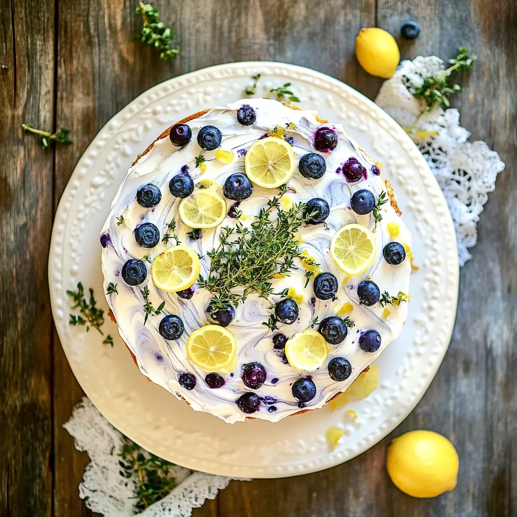 SWIRLED BLUEBERRY LEMON THYME CAKE centered hero view, clean and uncluttered