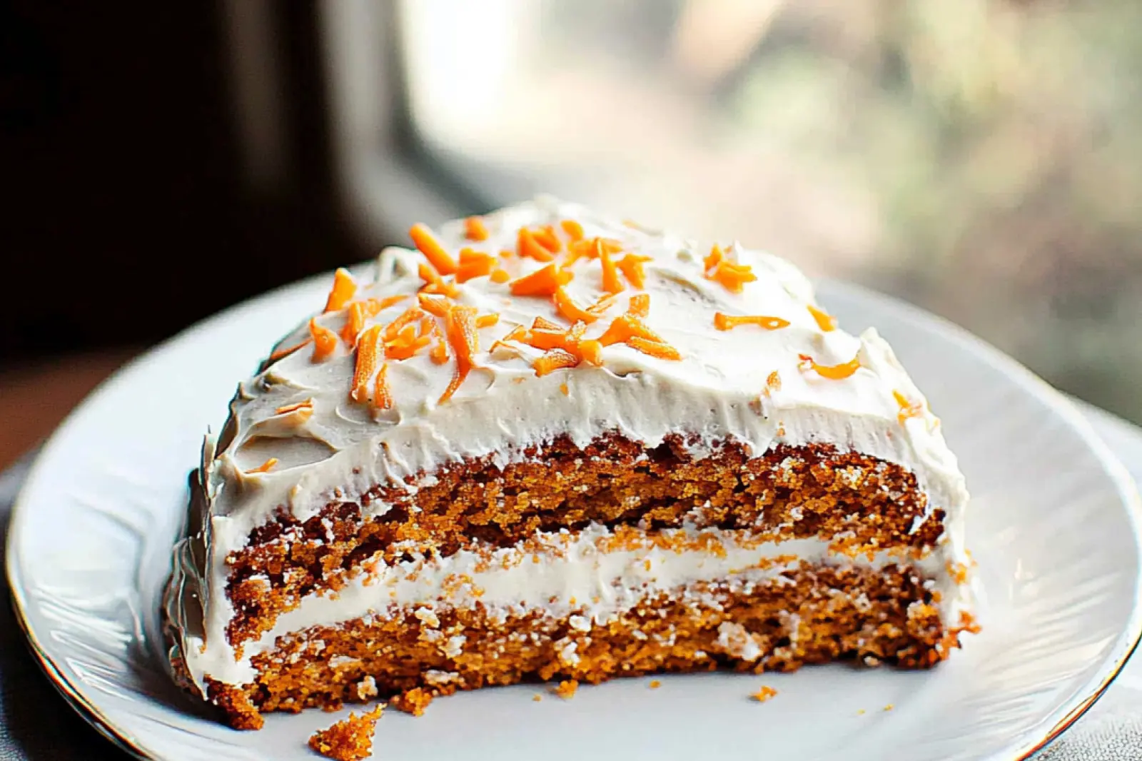 SINGLE LAYER CARROT CAKE WITH CREAM CHEESE FROSTING centered hero view, clean and uncluttered