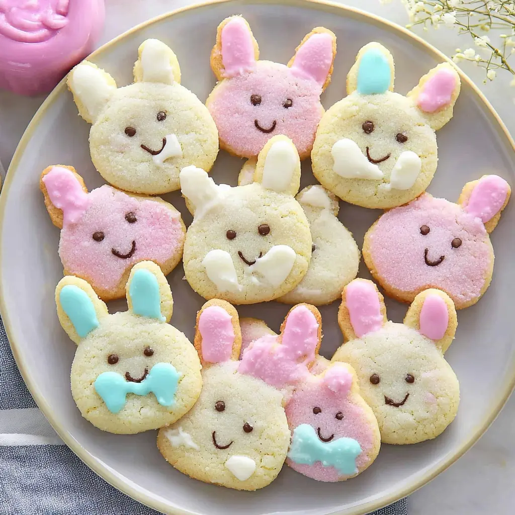 Soft Buttercream Bunny Cookies Recipe Easy and Delicious 3 Soft buttercream bunny cookies on a serving platter, decorated with pastel frosting