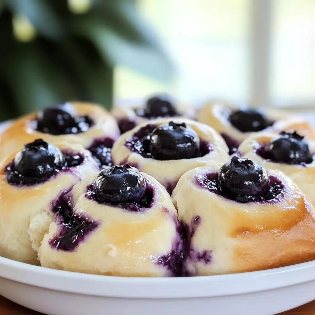 Sourdough blueberry rolls with cream cheese icing on a serving plate