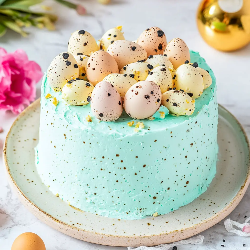 Speckled Egg Easter Cake Recipe Easy and Stunning 3 SPECKLED EGG EASTER CAKE centered hero view, clean and uncluttered