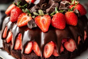 STRAWBERRY CHOCOLATE SHELL CAKE centered hero view, clean and uncluttered