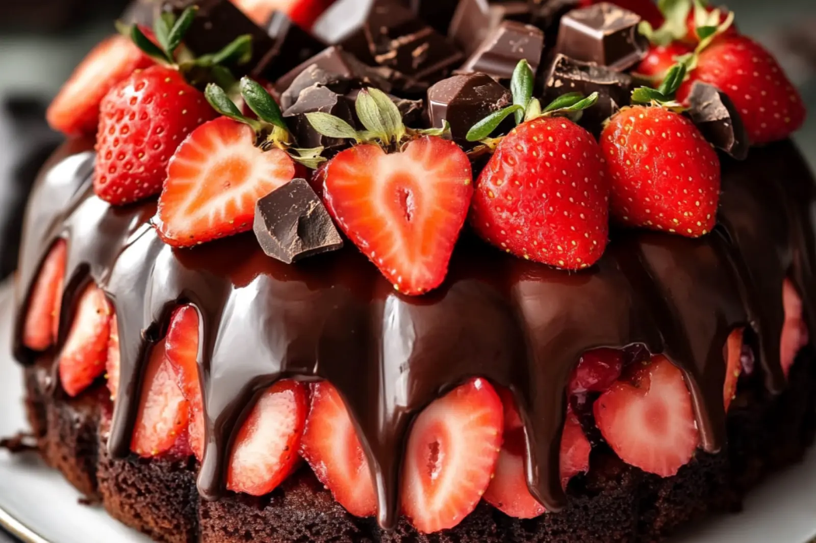 STRAWBERRY CHOCOLATE SHELL CAKE centered hero view, clean and uncluttered