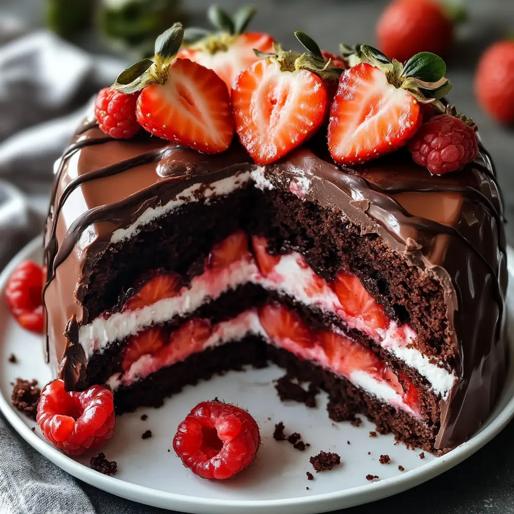 Strawberry chocolate shell cake with glossy dark chocolate coating and fresh strawberries