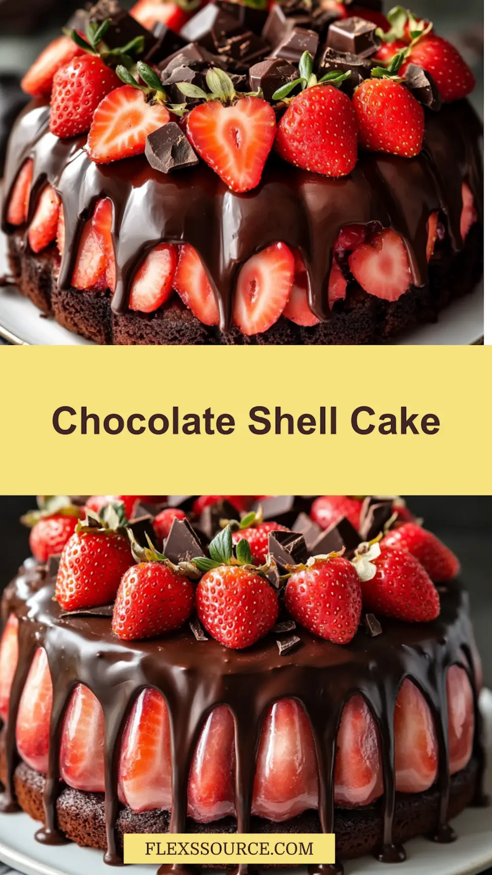 Strawberry chocolate shell cake Pinterest pin image with dark chocolate coating
