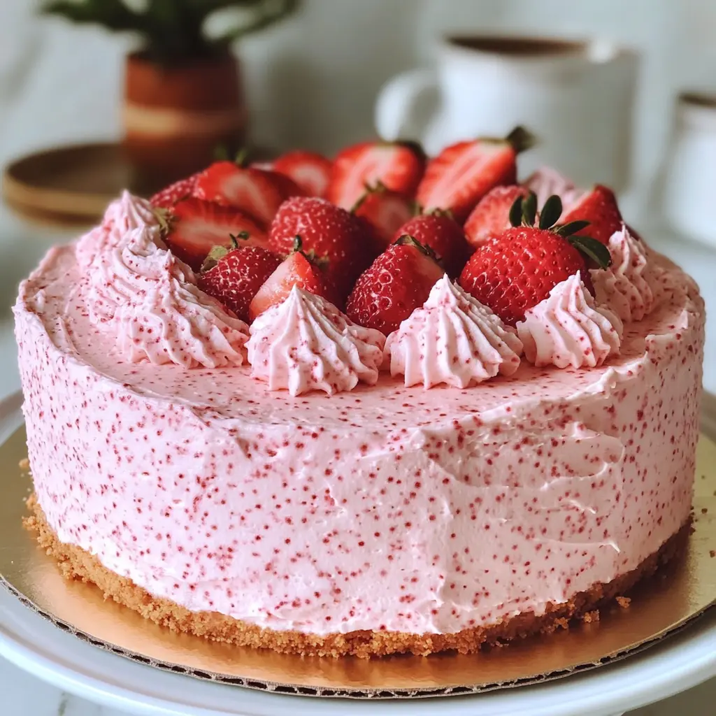 STRAWBERRY CREAM CHEESE CAKE centered hero view, clean and uncluttered