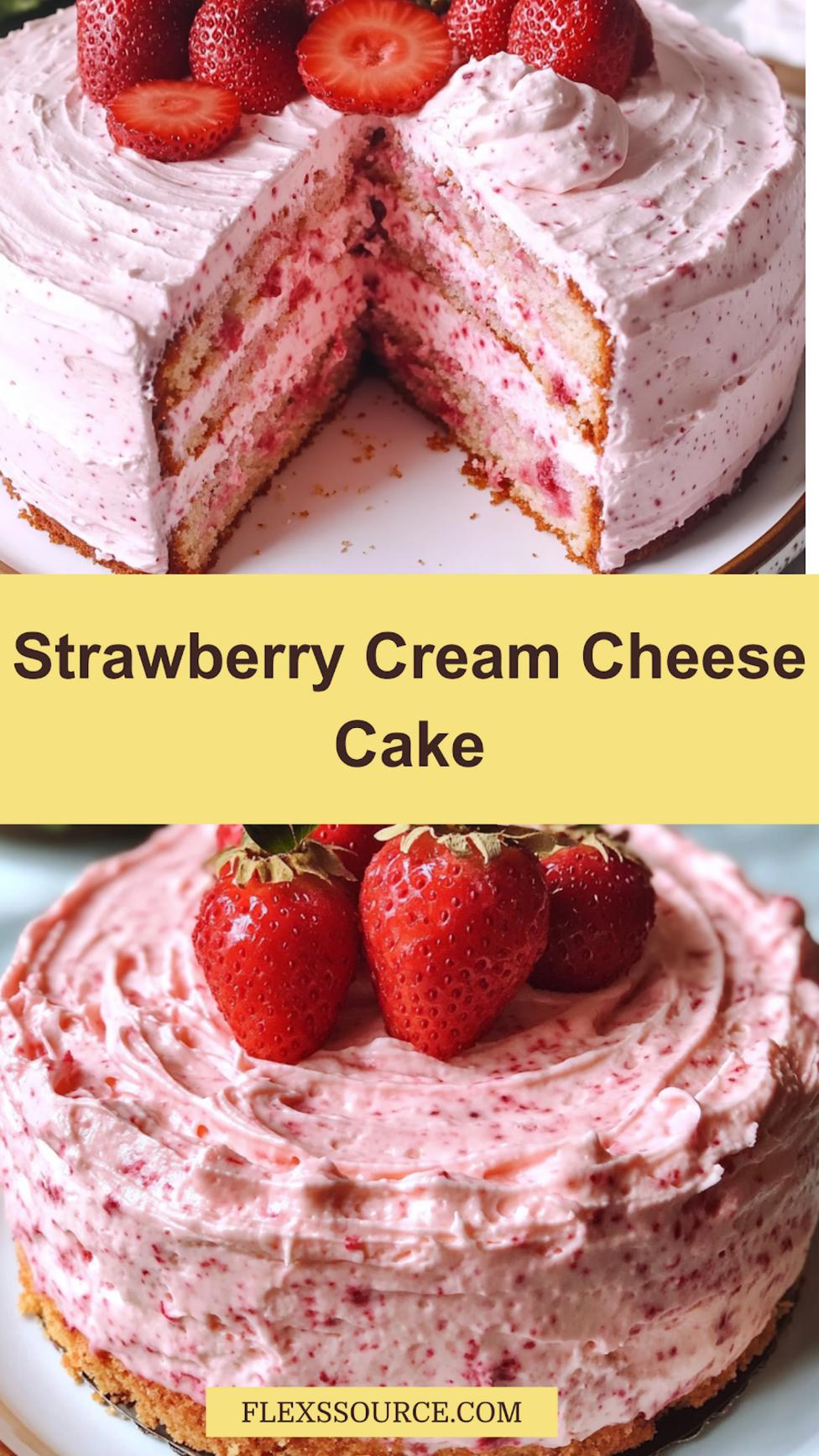 STRAWBERRY CREAM CHEESE CAKE centered hero view, clean and uncluttered