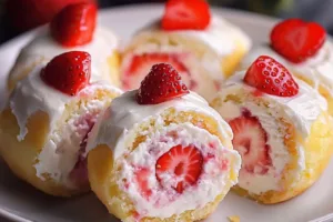 SWEET STRAWBERRY SHORTCAKE CHEESECAKE ROLLS centered hero view, clean and uncluttered
