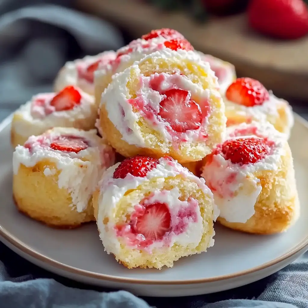 Sweet Strawberry Shortcake Cheesecake Rolls Recipe Easy 3 Sweet Strawberry Shortcake Cheesecake Rolls centered hero view, clean and uncluttered