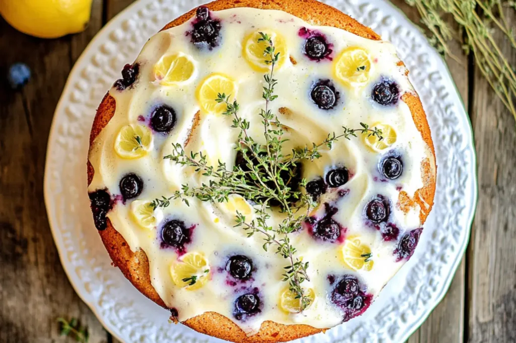SWIRLED BLUEBERRY LEMON THYME CAKE centered hero view, clean and uncluttered