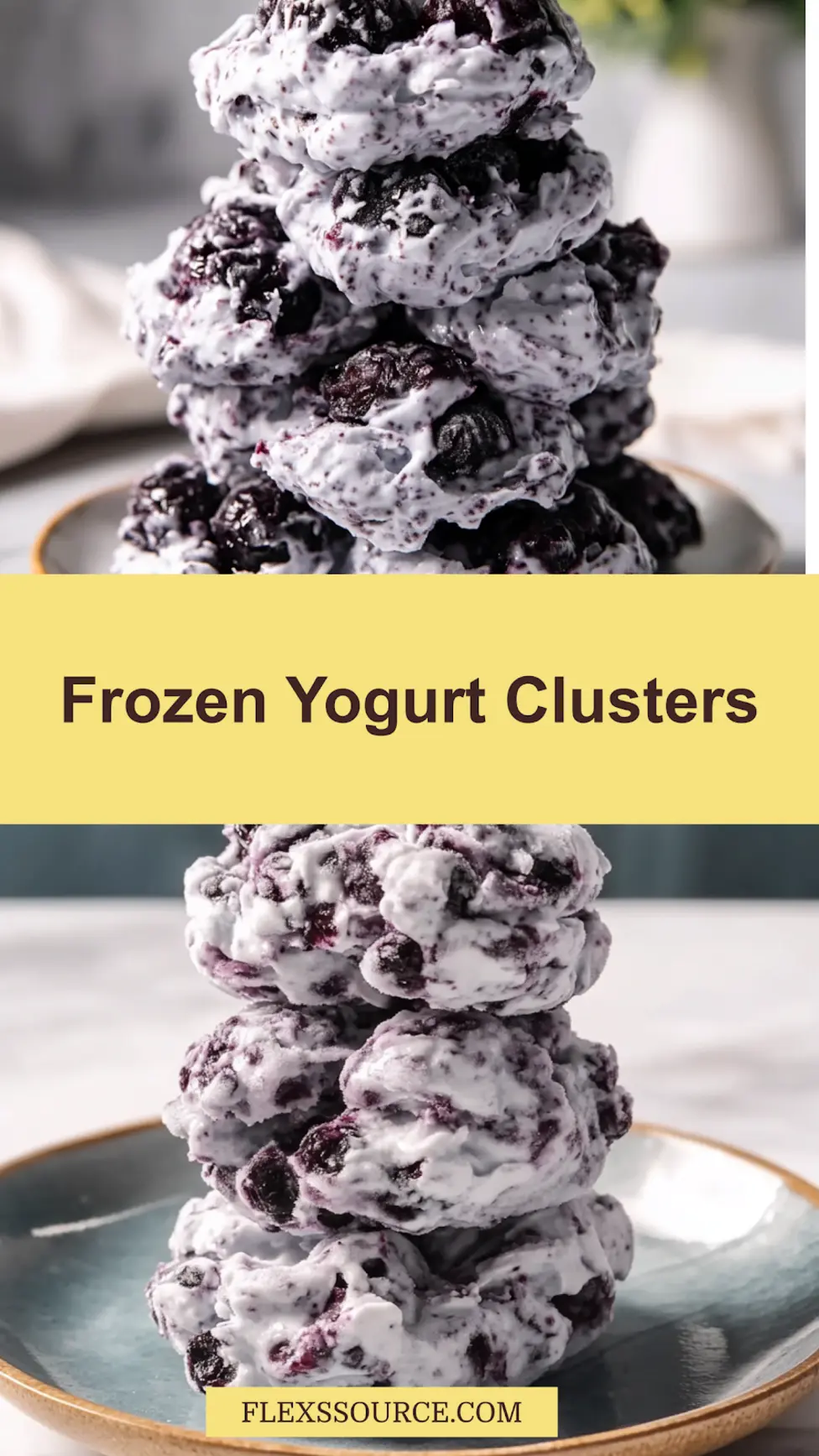 WHOLESOME FROZEN BLUEBERRY YOGURT CLUSTERS centered hero view, clean and uncluttered_pin