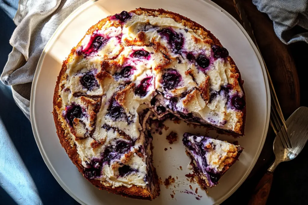 BLUEBERRY RICOTTA PUDDING CAKE centered hero view, clean and uncluttered