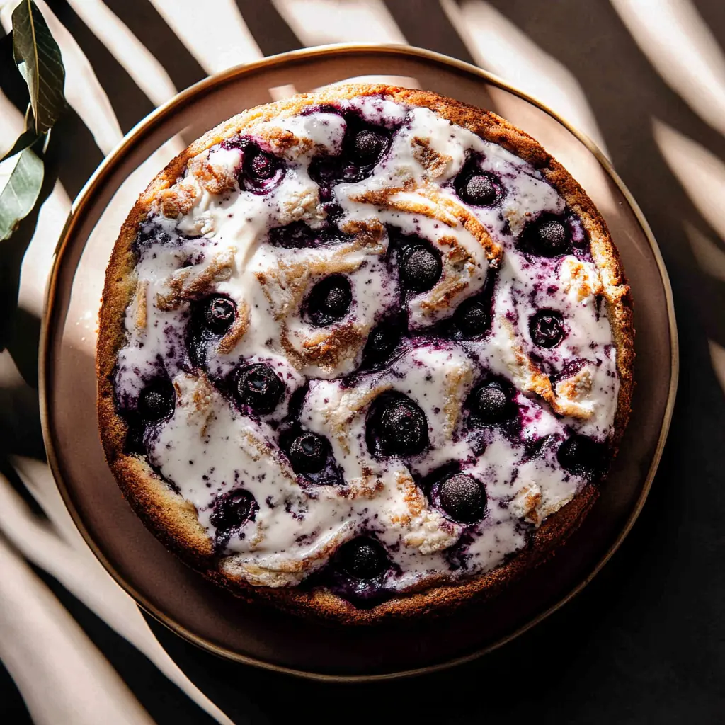 BLUEBERRY RICOTTA PUDDING CAKE centered hero view, clean and uncluttered