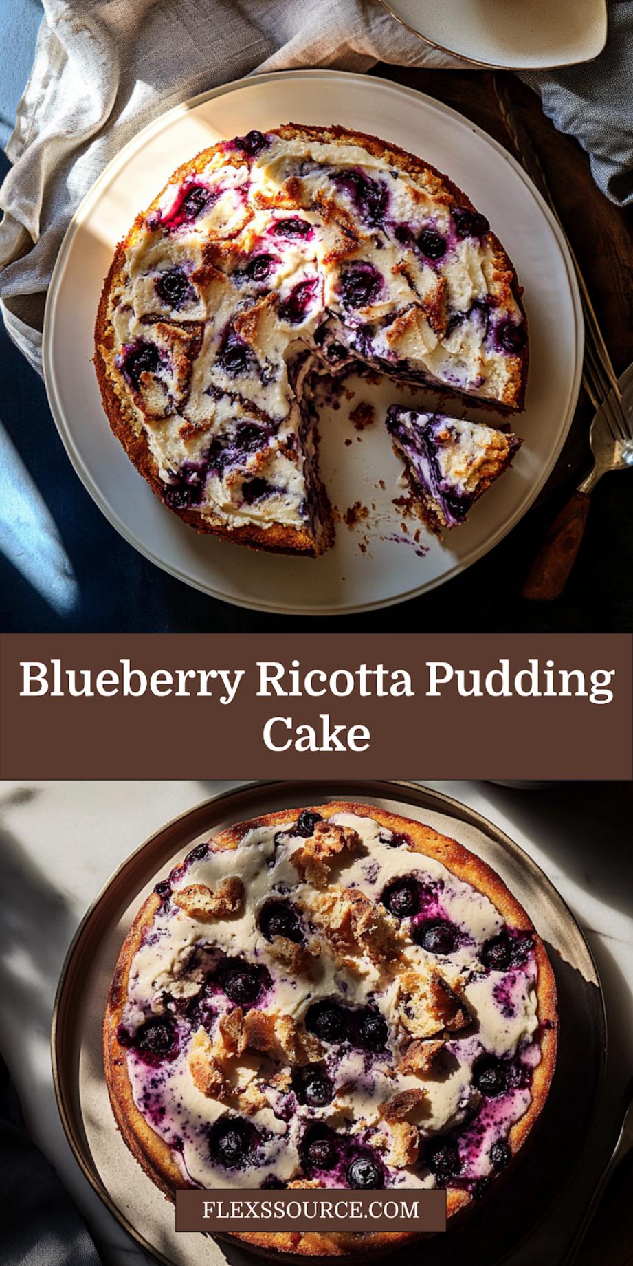 BLUEBERRY RICOTTA PUDDING CAKE centered hero view, clean and uncluttered